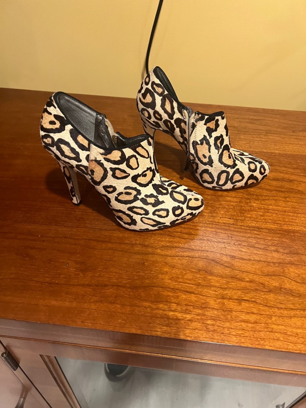 Leopard Print High Heel Ankle Booties - Tan/Black
